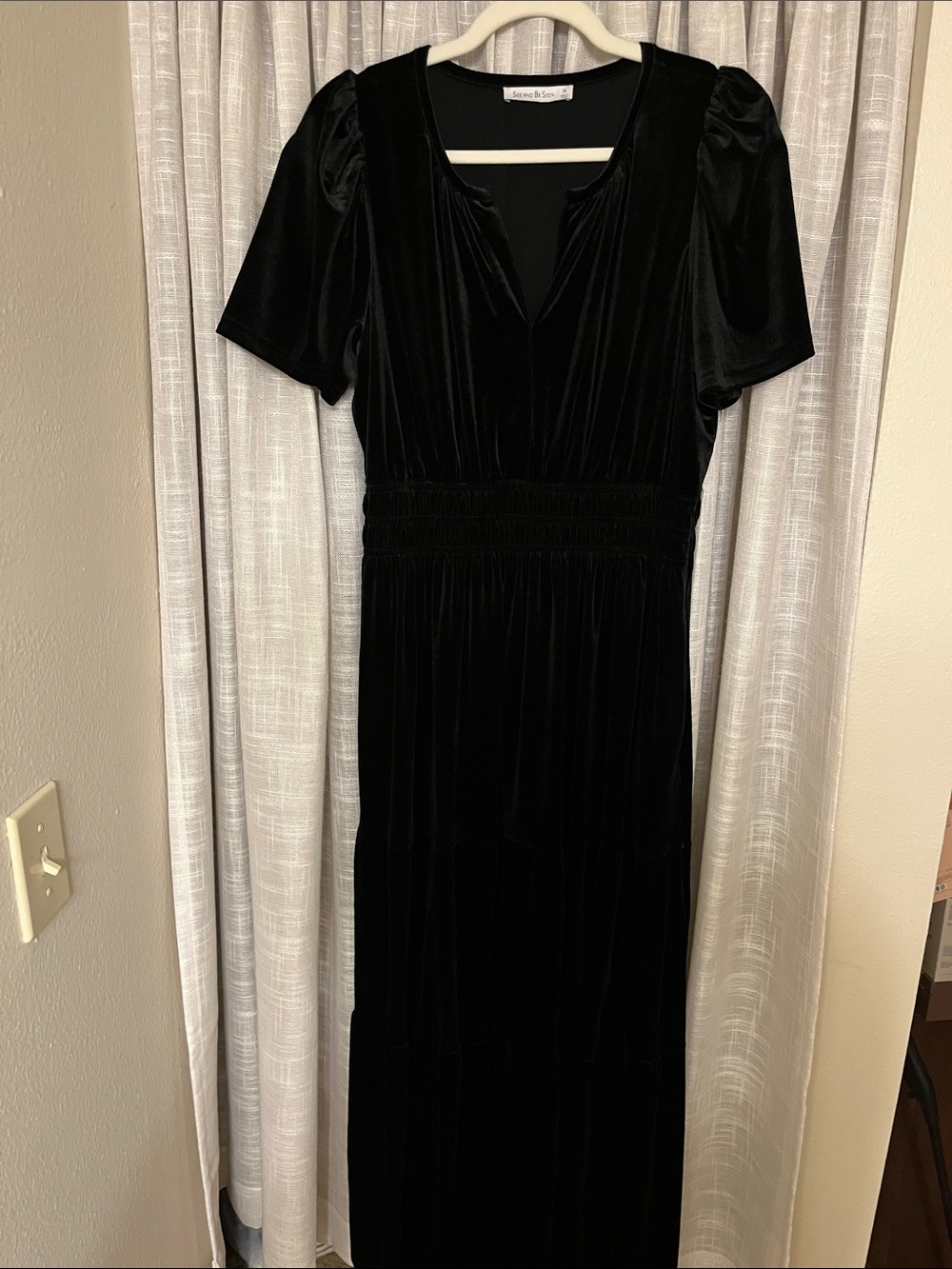 Velvet Short-Sleeve Black Maxi Dress with Shirred Waist